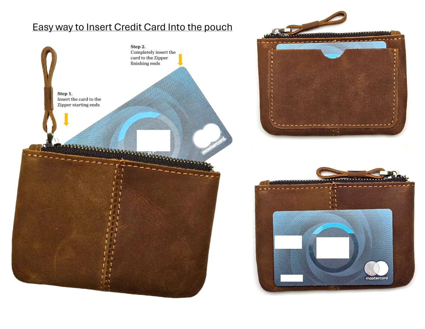 Genuine Leather Coin Purse Pouch for Women Men Vintage Cowhide Grain Leather Slim Mini Wallet Metal Zipper with Real Leather handle (Dark Brown)