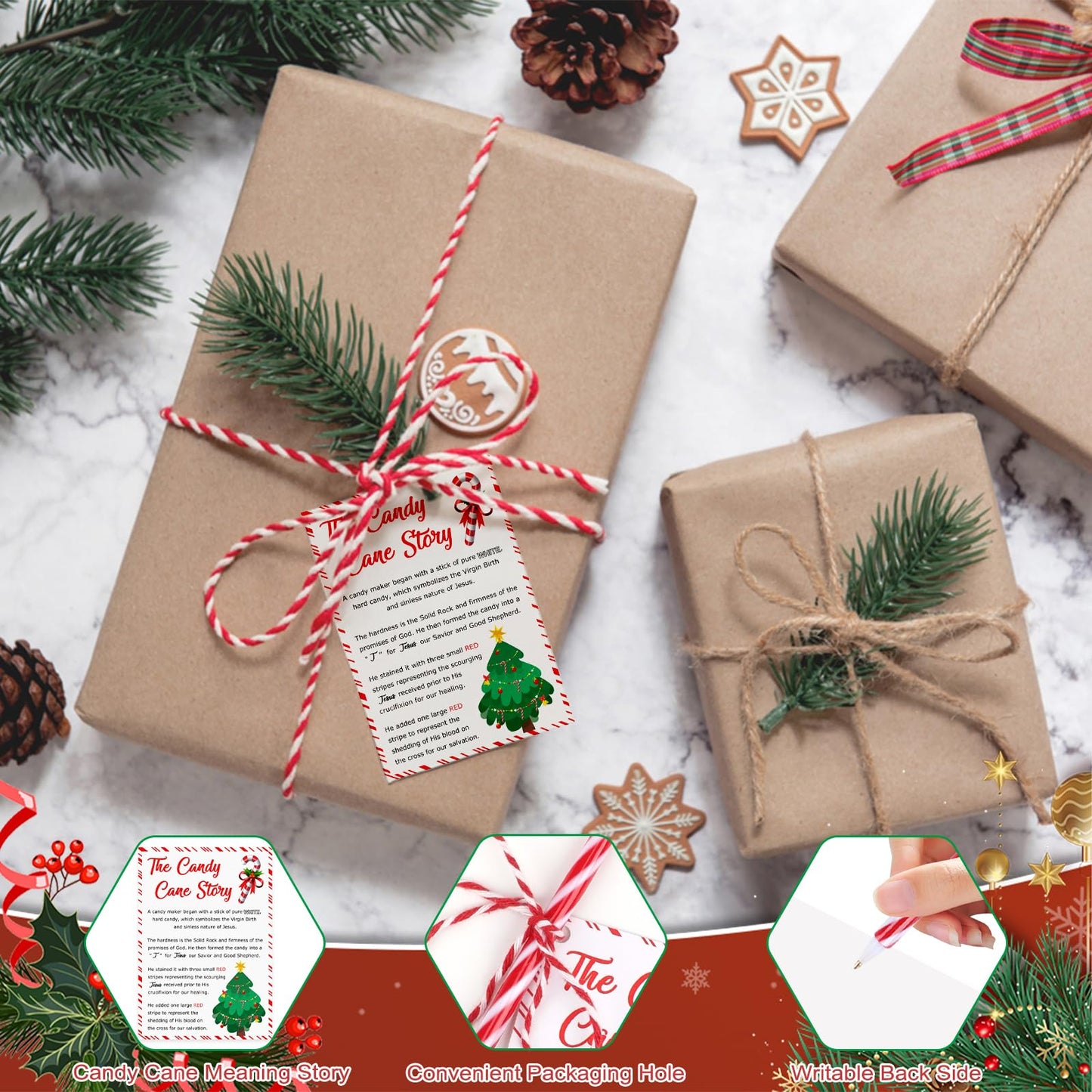 SAYAYA 60 Sets Christmas Candy Cane Pens Legend of Candy Cane Cards Xmas Religious Story Ballpoint Pens with Cotton Twine for Christmas Church Sunday School Supplies Party Gifts