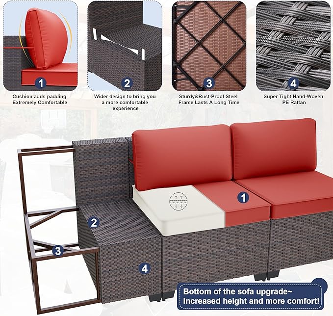 Kurapika 13 Pieces Patio Furniture Set, Rattan Wicker Outdoor Conversation Sets w/43in Propane Fire Pit Table, Swivel Rocking Chairs Patio Sectional Sofa w/4 Inch Cushion, Red