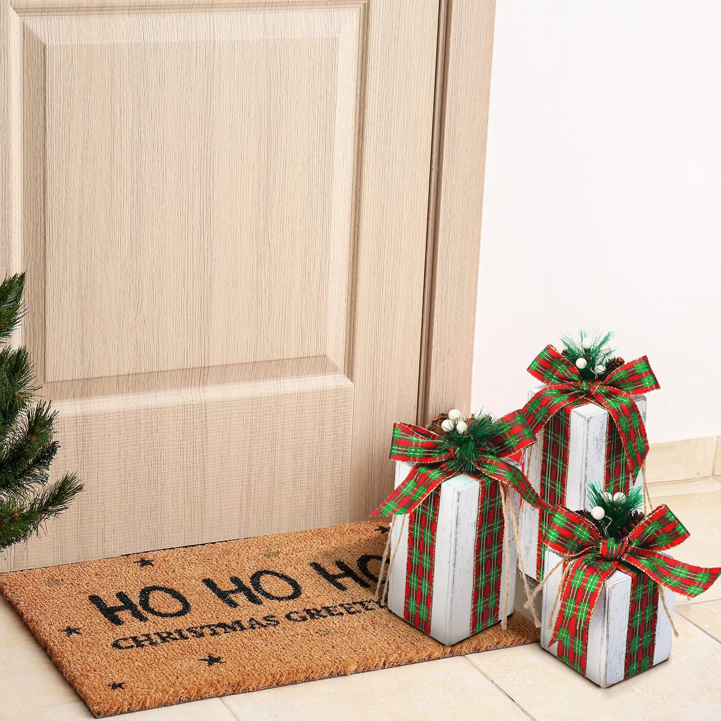 Amyhill 3 Pcs Christmas Wooden Gifts Box Decor Christmas Plaid Presents Table Centerpieces Rustic Wooden Gifts Tiered Tray Decor with Buffalo Plaid Bowknot for Xmas Party(White,Retro)