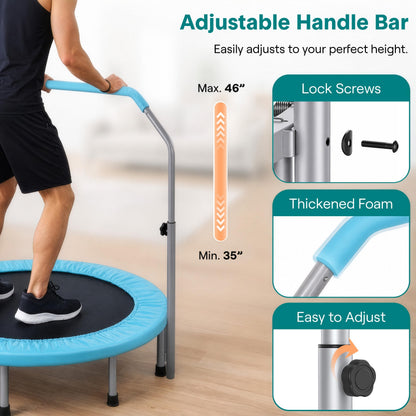 SereneLife 40" Foldable Mini Trampoline - Compact Fitness Trampoline for Kids Adults, Exercise Rebounder with Adjustable Foam Handle, Indoor/Garden Workout Equipment, Max Load 200 lbs, Sky Blue