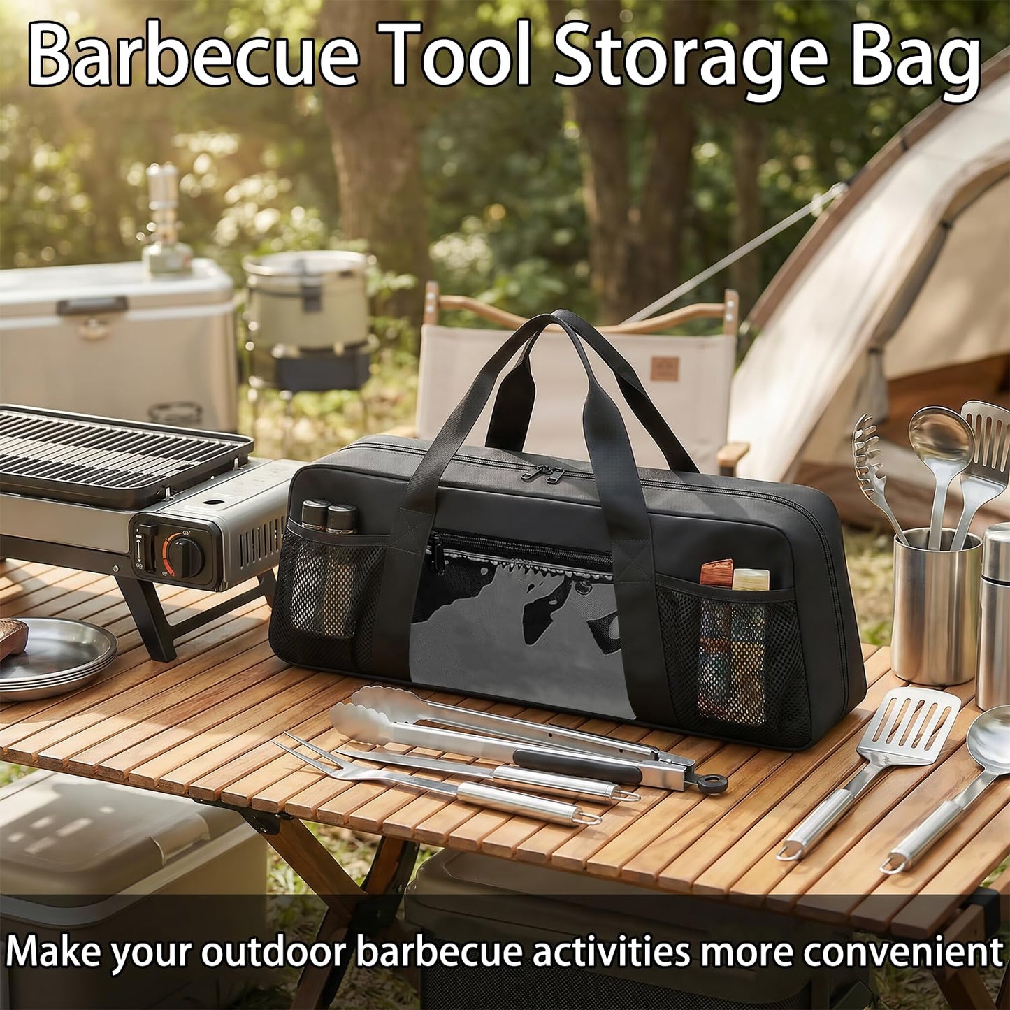 Grill Tool Storage Bag for BBQ Utensils up to 22" – Large BBQ Utensil Organizer with Pockets, Portable Barbecue Accessories Carrying Case for Camping, Outdoor Cooking (Bag Only, Black)