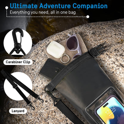 Pelican Marine IP68 Waterproof Dry Bag 2L - Roll Top Waterproof Backpack w/ Phone Case / Pouch - Boating & Kayak Accessories - Essentials for Camping Swimming Beach Fishing Rafting Travel - Black