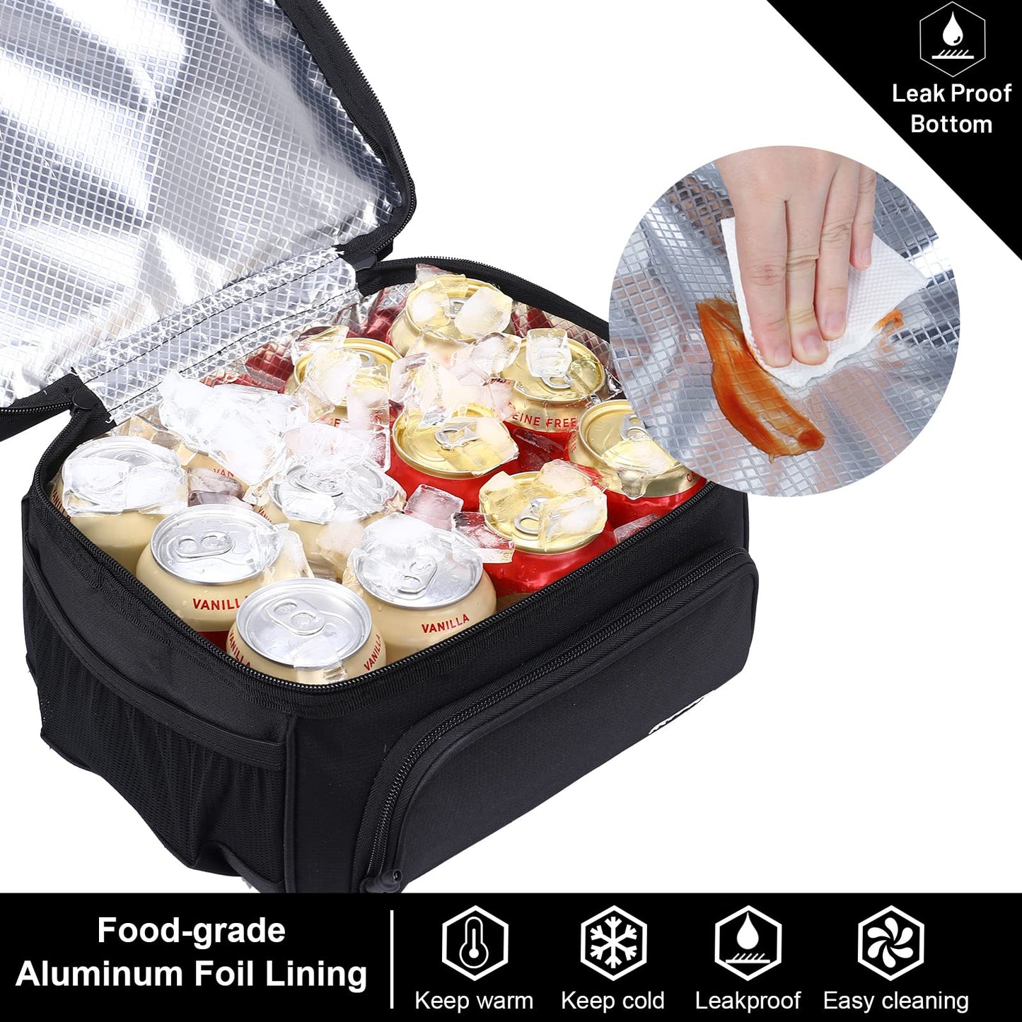 MIER Dual Compartment Lunch Bag Tote with Shoulder Strap for Men and Women Insulated Leakproof Cooler Bag, Black