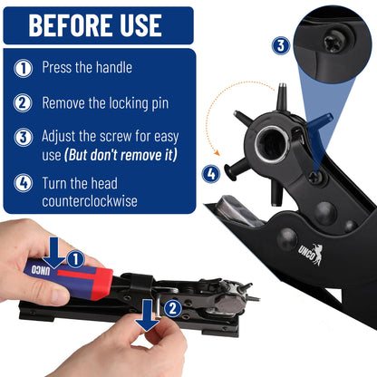 UNCO- Desktop Leather Hole Punch Tool, 6 Punch Sizes, Belt Hole Puncher for Leather, Dog Collars, Watch Straps, Footwear, Fashion Accessories and Crafting