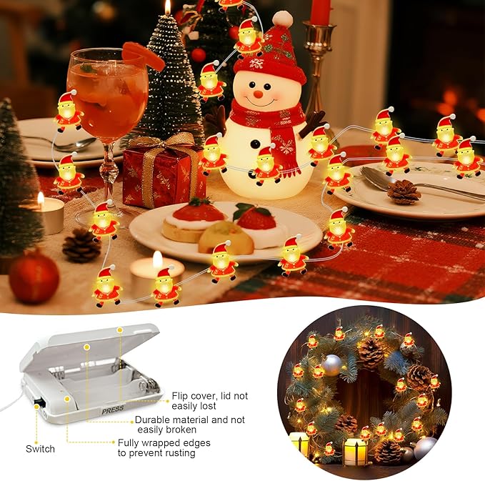 Aogist Christmas Santa String Lights, 16ft 50 LED Battery Powered Santa Claus Decoration Lights for Indoor Outdoot Party Festival Christmas Decorative (2 Pack)