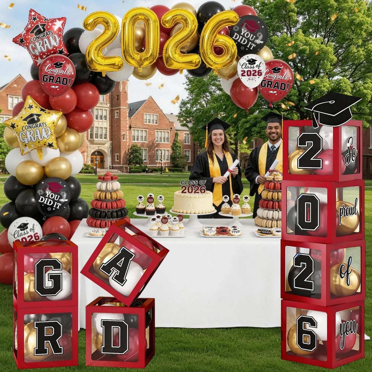 Maroon Prom Graduation Decorations Gold 2026 Number Balloons Boxes Burgundy Black Congrats Party GRAD So Pround of You Letters Star Foil Wine Red White Balloon Backdrop School College Celebrations