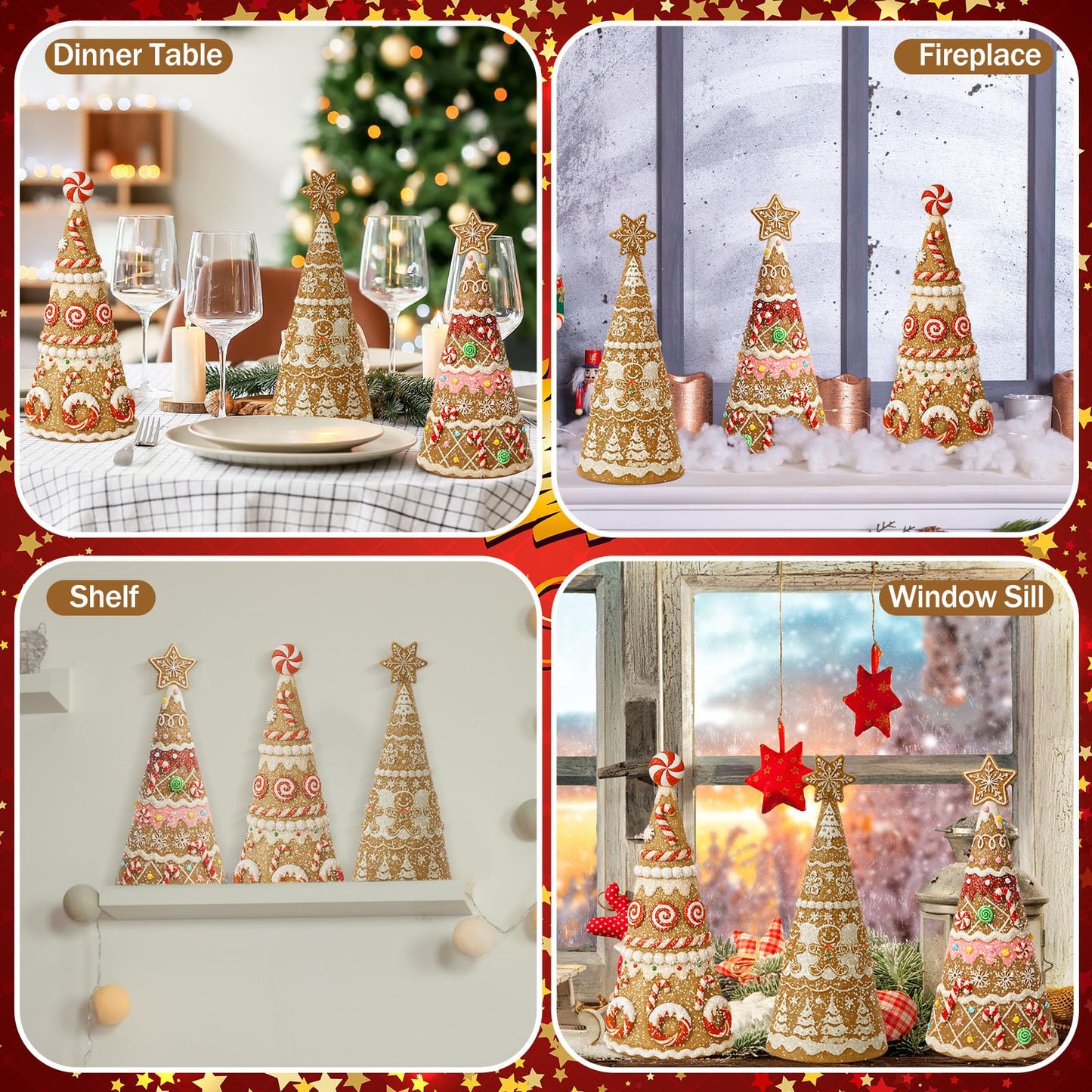 Simgoing 3 Pack Gingerbread Christmas Tree Figurines Christmas Tabletop Decorations Resin Gingerbread Cone Tree Decor Figurines for Xmas Home Centerpieces Tiered Tray Ornament Gifts