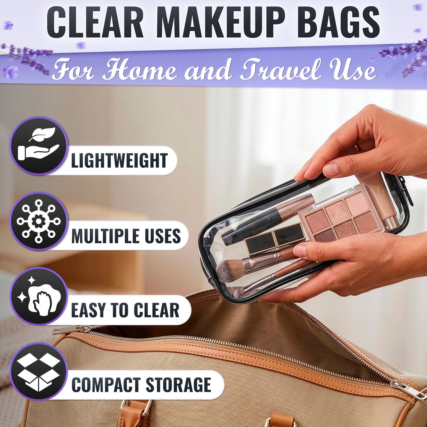 Small Makeup Bag for Purse 7.78" x 3.15" x 1.37" – 2 Pcs Clear Makeup Bags with Zipper – Waterproof Plastic Cosmetic Pouch, Compact Storage for Travel, Daily Organization, and On-the-Go Essentials