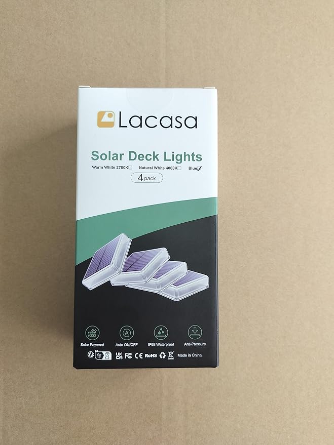 Lacasa Solar Deck Lights, 4 Pack 30LM LED Dock Lights Natural White 4000K, Outdoor Solar Powered Step Lights Light up All Night IP68 Waterproof Auto ON/Off for Garden Stairs Driveway Pathway Lighting