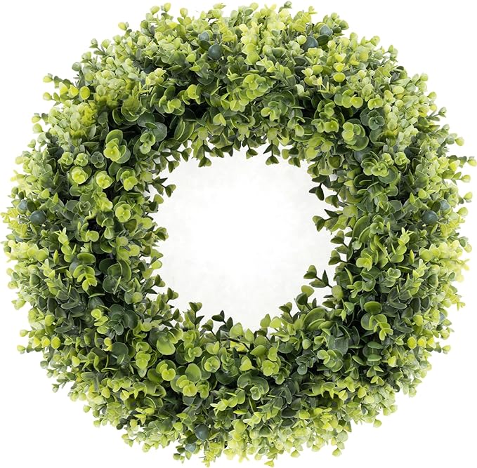 24 Inch Large Boxwoods Green Spring Artificial Wreath for Front Door, Year Round Spring Summer Winter Wreaths for Wall Window Porch Home Farmhouse Wedding Outdoor Outside Indoor Decorations