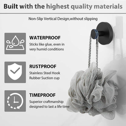 BRMUEIX 4 Pack Suction Cup Hooks for Shower,Glass Door Tile & Windows,Towel Hooks for Bathrooms,No Drill Stainless Steel Bathroom Hooks,Removable Suction Cup Wreath Hangers for Front Door(Black)