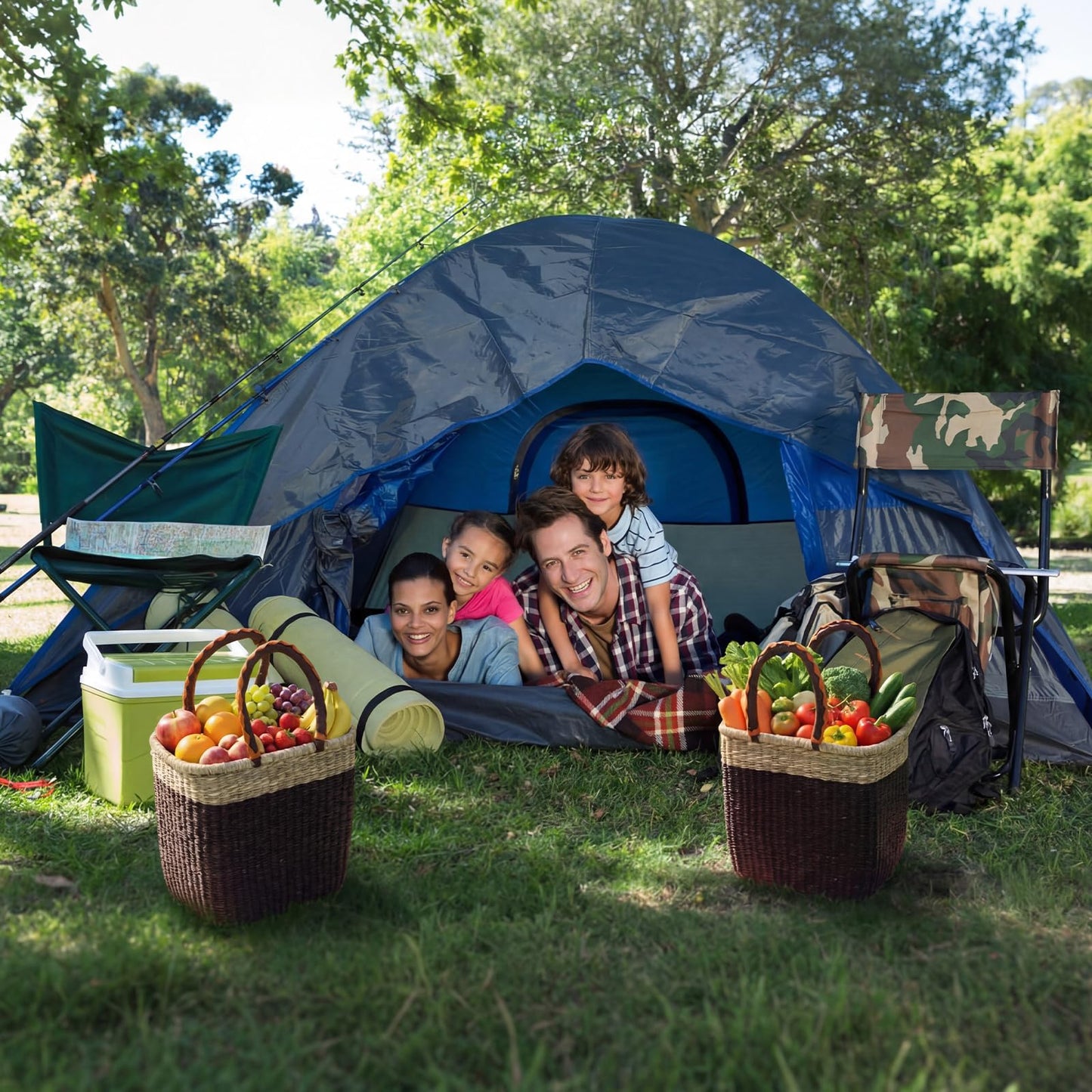 Briwooody 2 Pack Large Wicker Picnic Basket with Leather Handles Reinforced Edge & Base Multi-functional Farmer Grocery Bolga African Bag Storage for Market, Picnic, Easter, Camping, Home Organization