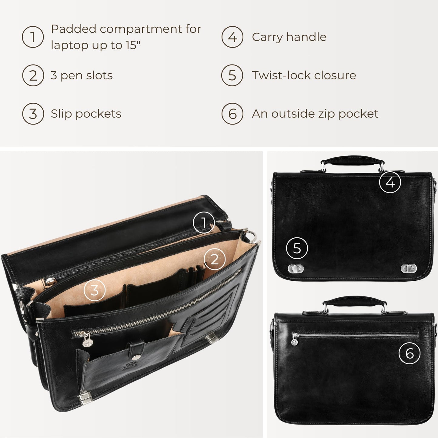 Time Resistance Leather Briefcase for Men - Italian Full Grain Leather Laptop Bag - Messenger Bag - Gift Box Included
