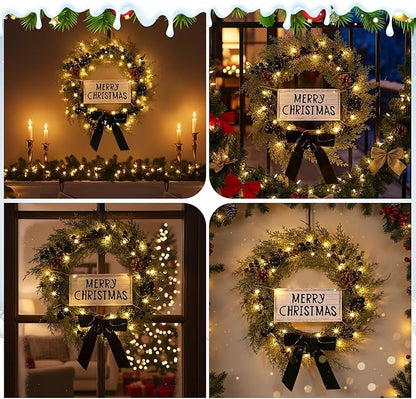 Lighted Christmas Wreath for Front Door with Metal Hanger 16'' Artificial Norfolk Wreath with Velvet Bow LED Lights Jingle Bells Pinecone Berries Christmas Holiday Winter Decor(Black)