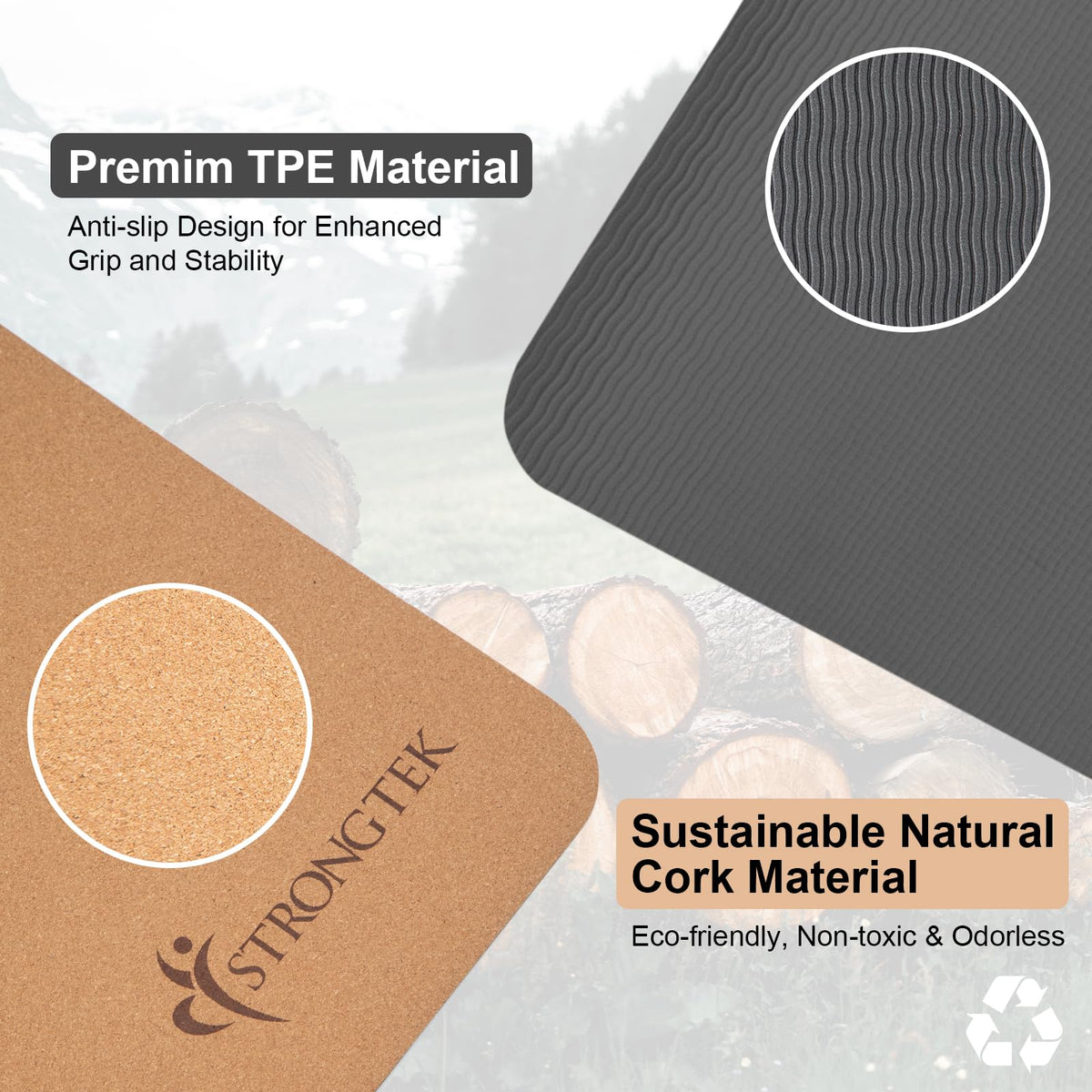 StrongTek Cork Yoga Mat, Non-Toxic & Eco-Friendly, 7mm Thick with Non-Slip Cork + TPE Surface, 72"x24", for Hot Yoga, Pilates & Home Fitness, Lightweight Cushioned with Carry Strap