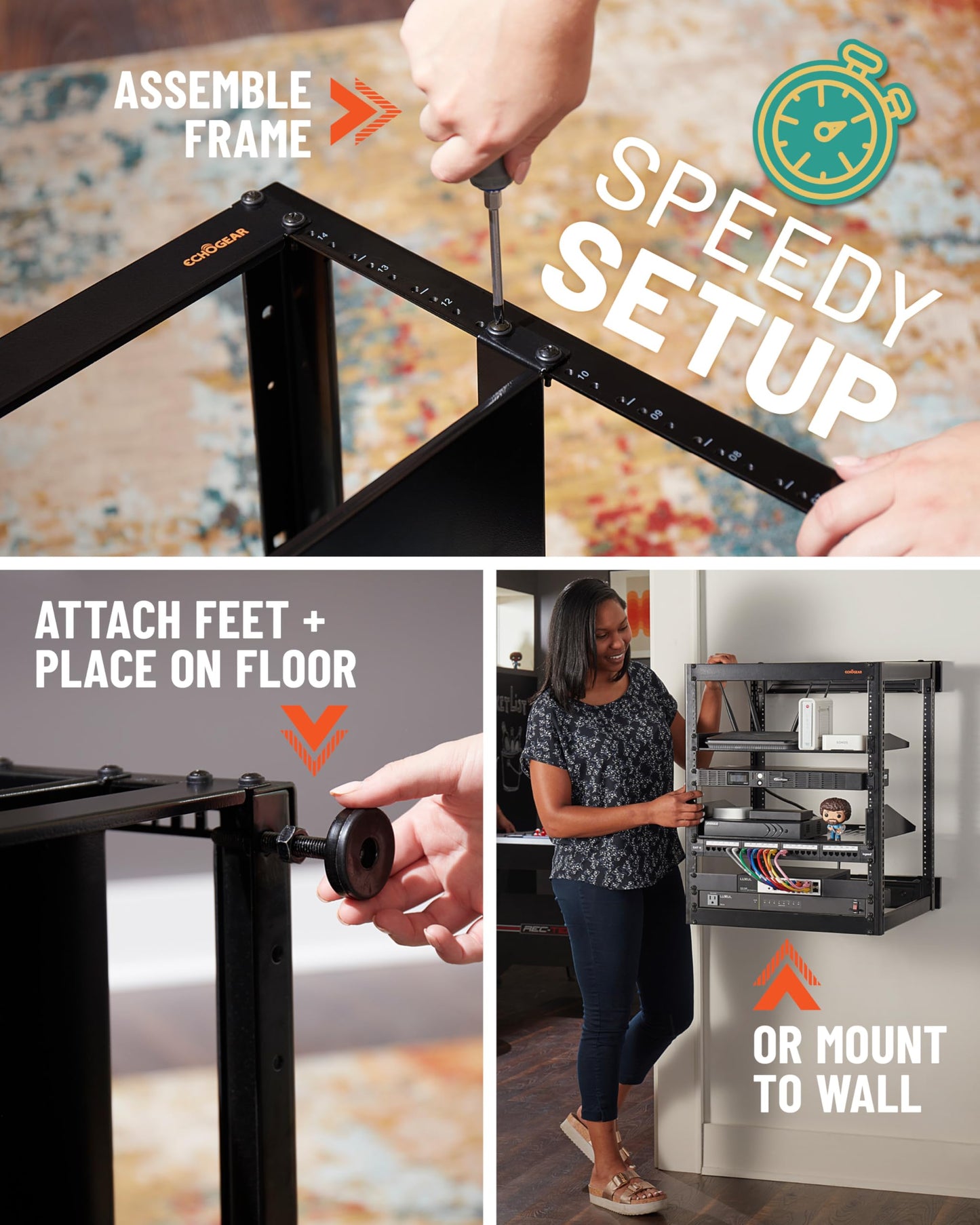 ECHOGEAR 15U Open Frame Rack for Servers & AV Gear - Wall Mountable Design Includes 2X Vented Shelves, 25x Rack Mounting Screws, 4X Leveling Feet, 4X Shelf Stops, & 2X Securement Straps