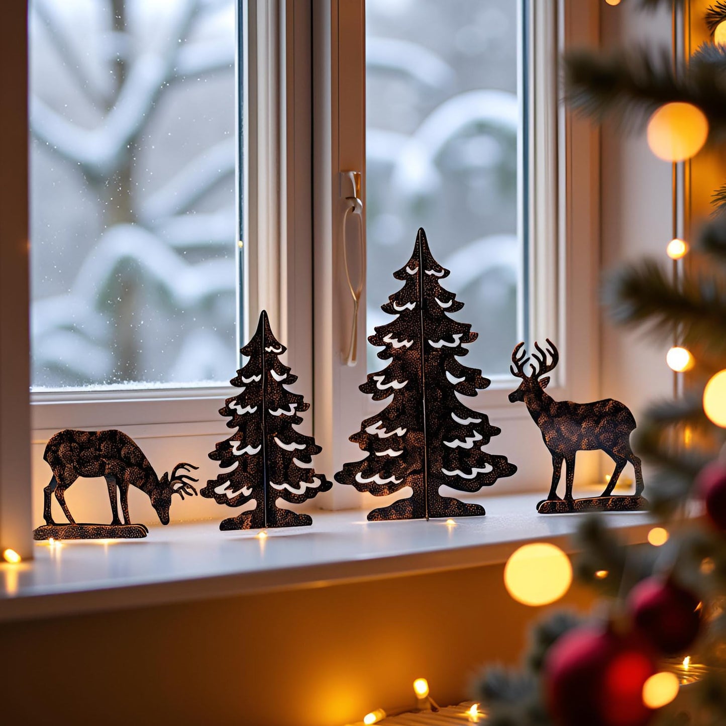 YULETIME 4-Piece Metal Christmas Reindeer and Tree Scene Silhouette Set, Winter Forest Deer & Spruce Landscape Holiday Tabletop Ornament