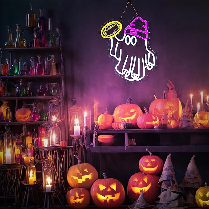Halloween Ghost Neon Signs for Wall Decor Dimmable USB Powered Football Ghost Signs Gift for Football Fans Teens, Halloween Ghost Neon Light for Bedroom, Living Room, Bar, Party