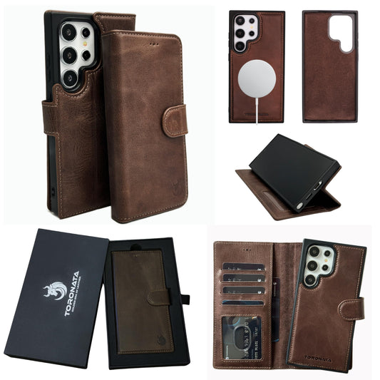 TORONATA Nevada Samsung Galaxy S24 Ultra Case – S24 Ultra Leather Case - Luxury S24 Ultra Wallet Case with Kickstand Design, Card Slots – Handcrafted Anti Scratch RFID Leather Wallet (Dark Brown)