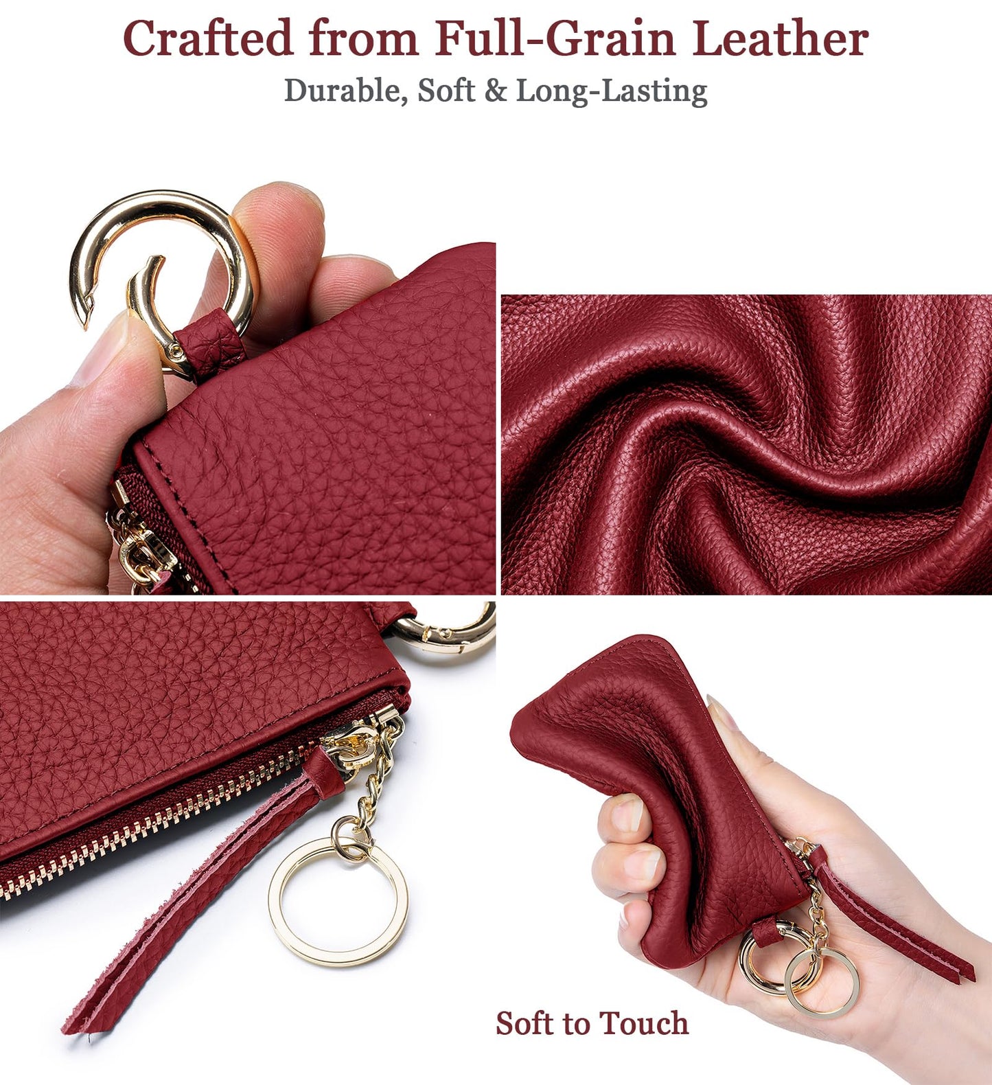 LnxLtw Mini Coin Wallet for Women – Genuine Leather Zipper Coin Purse with Wrist Strap & Keychain, Compact Change Holder & Travel Wallet with Gift Box (Wine Red)