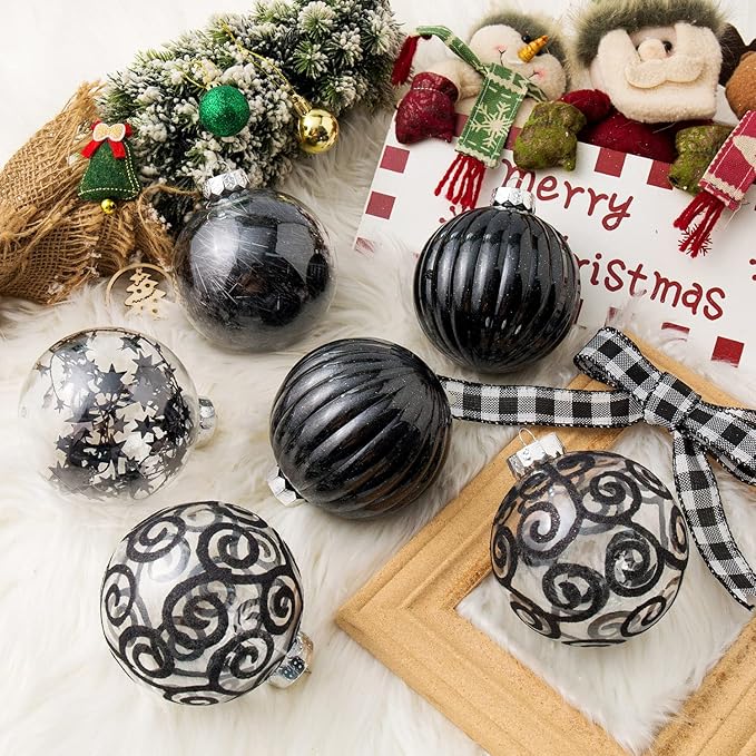 XmasExp 8ct Christmas Ball Ornaments Set -Large Clear Plastic Shatterproof Xmas Tree Ball Hanging Baubles Stuffed Delicate Glittering for Holiday Wedding Xmas Party Decoration (100mm/3.94",Black)