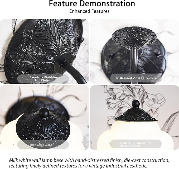 Antique Black Milk Glass Wall Sconce - Vintage Green Shade & Brass Finish Base - Indoor Wall Lighting Fixture for Living Room, Bedroom, Bathroom, Hallway, Entryway (White)