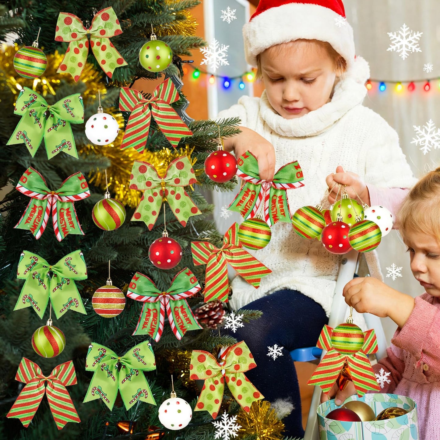24 Pcs Red Green Christmas Tree Ornaments Set Large Wreath Bows and Red Green Glittering Christmas Ball Ornaments Swirl Candy Cane Peppermint Elf Hanging Decorations for Xmas Holiday Party Home Decor