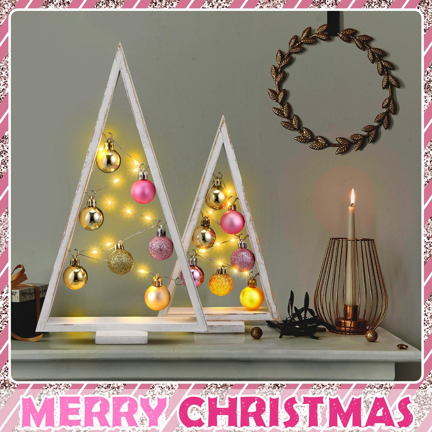 Hungdao 2 Pack Wooden Christmas Tree with Lights and Balls Modern Farmhouse Christmas Table Centerpiece Tabletop Decor for Winter Fireplace Mantle Shelf Home Decor(Pink, Rose Gold)