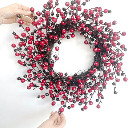 Red Berry Wreath, 20" Christmas Wreath with Red and Black Berry, Handmade Winter Wreath Christmas Wreaths for Front Door Home Indoor Outdoor Xmas Decor