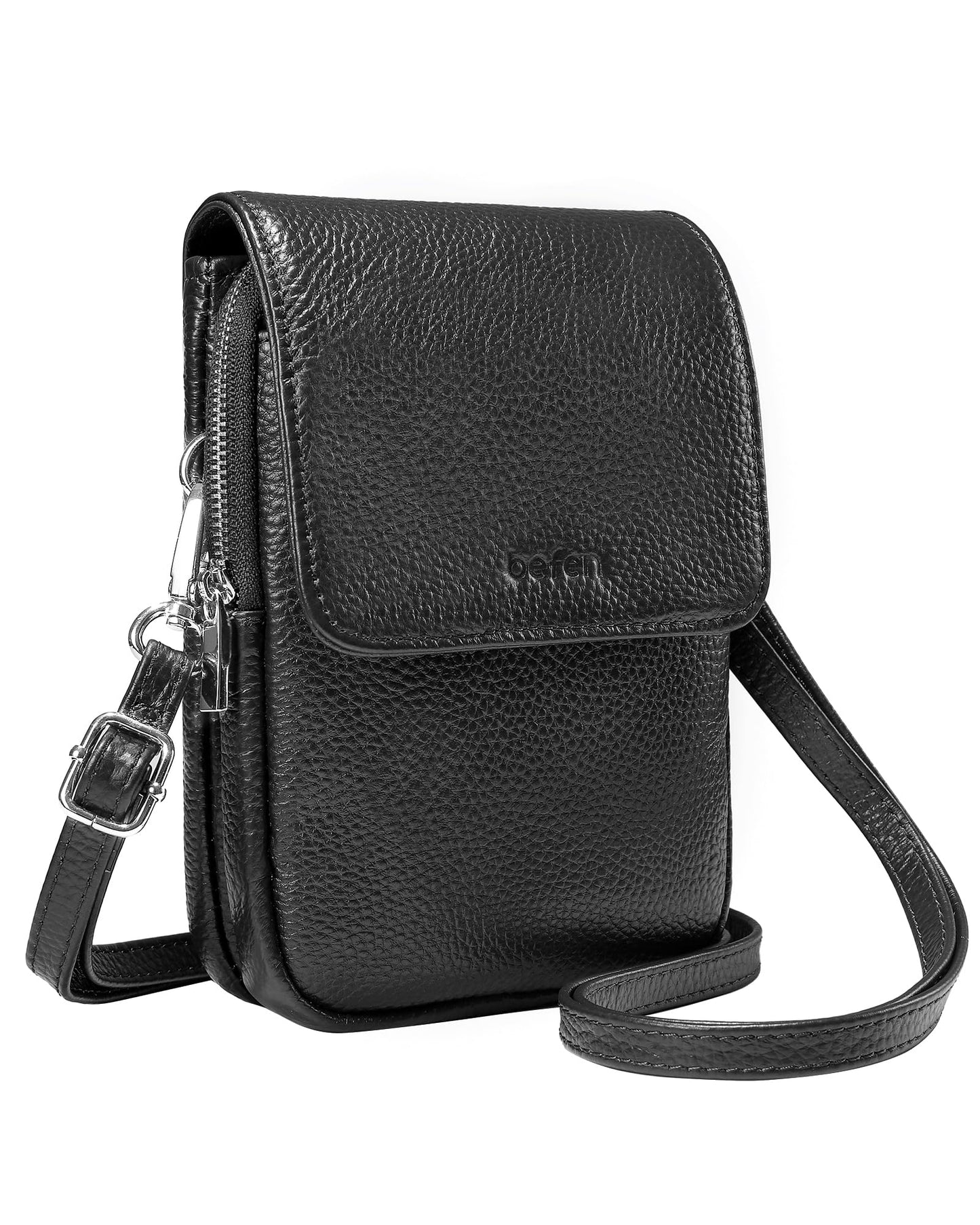 befen Genuine Leather Black Small Crossbody Bags for Women, Woman Cell Phone Cross body Purse Bag with RFID Blocking Card Slots