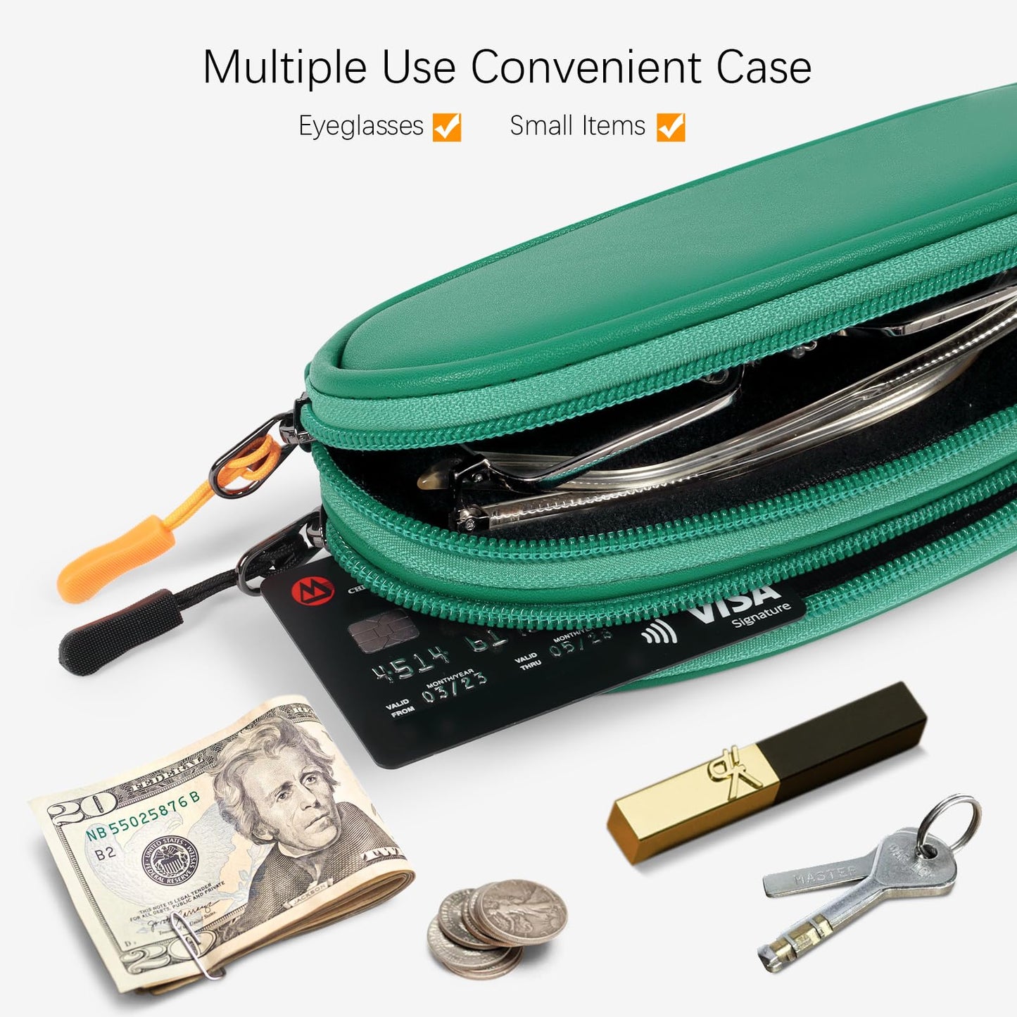 Tangoner Double Eyeglasses Case with Zipper – Faux Leather Soft Sunglasses Pouch, Portable Travel Glasses Holder with Keychain Clip for Men & Women (Green PU)