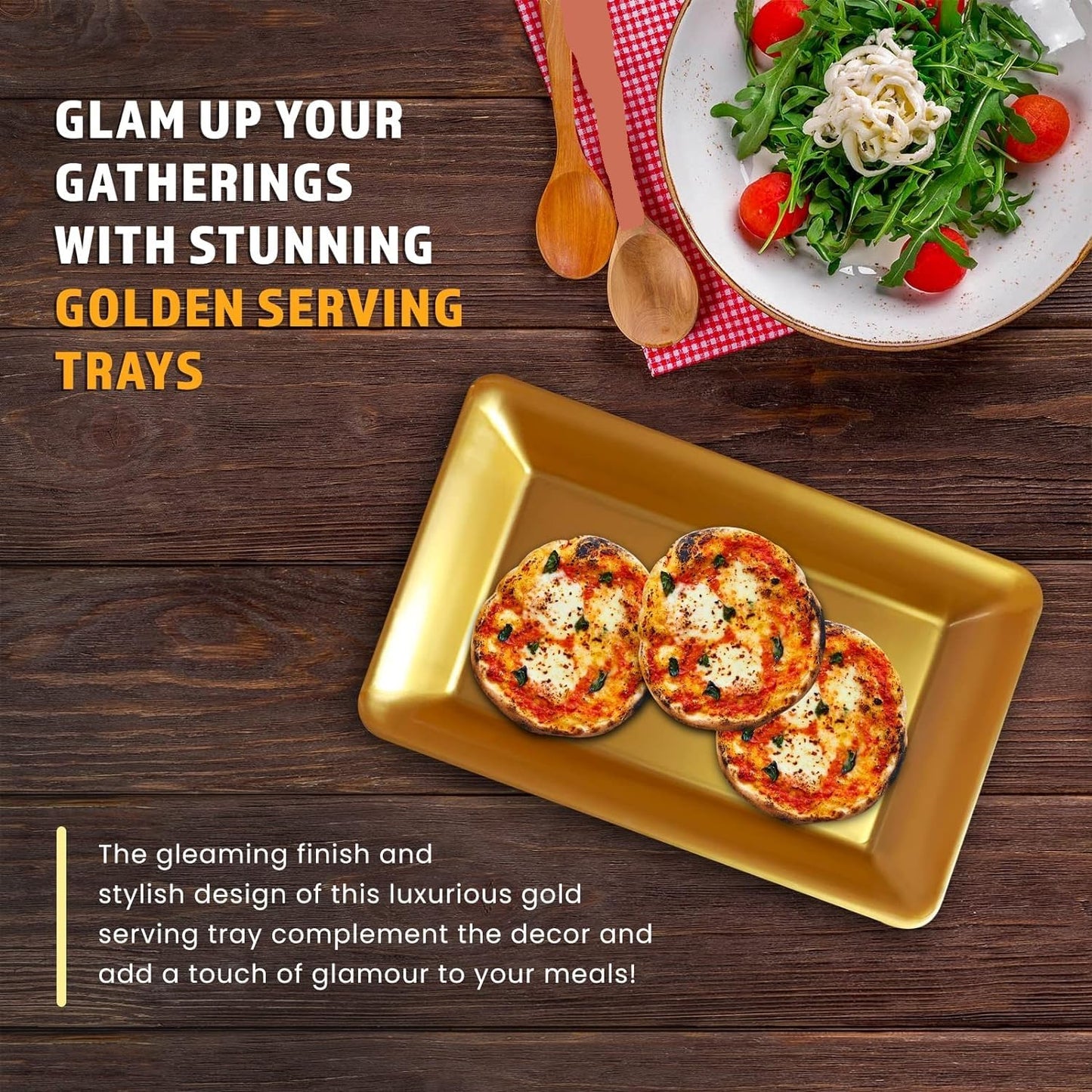 Yumchikel Plastic Serving Tray Set, Hard Plastic Serving Platters for Serving Food, Gold Serving Trays for Parties, Weddings, Food Trays for Party Buffet, Dessert Tables, 10" x 14", 6 Pack