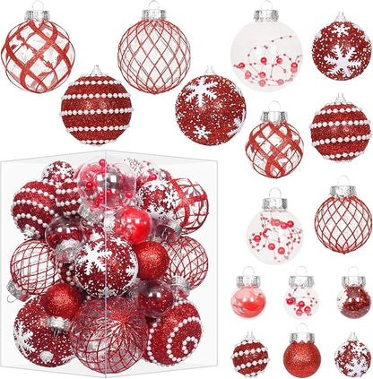 Super Holiday Christmas Ball Ornaments, 33PCS Red Clear Shatterproof Plastic Foam Ornaments Set for Hanging Xmas Tree Holiday Thanksgiving Party Decor.