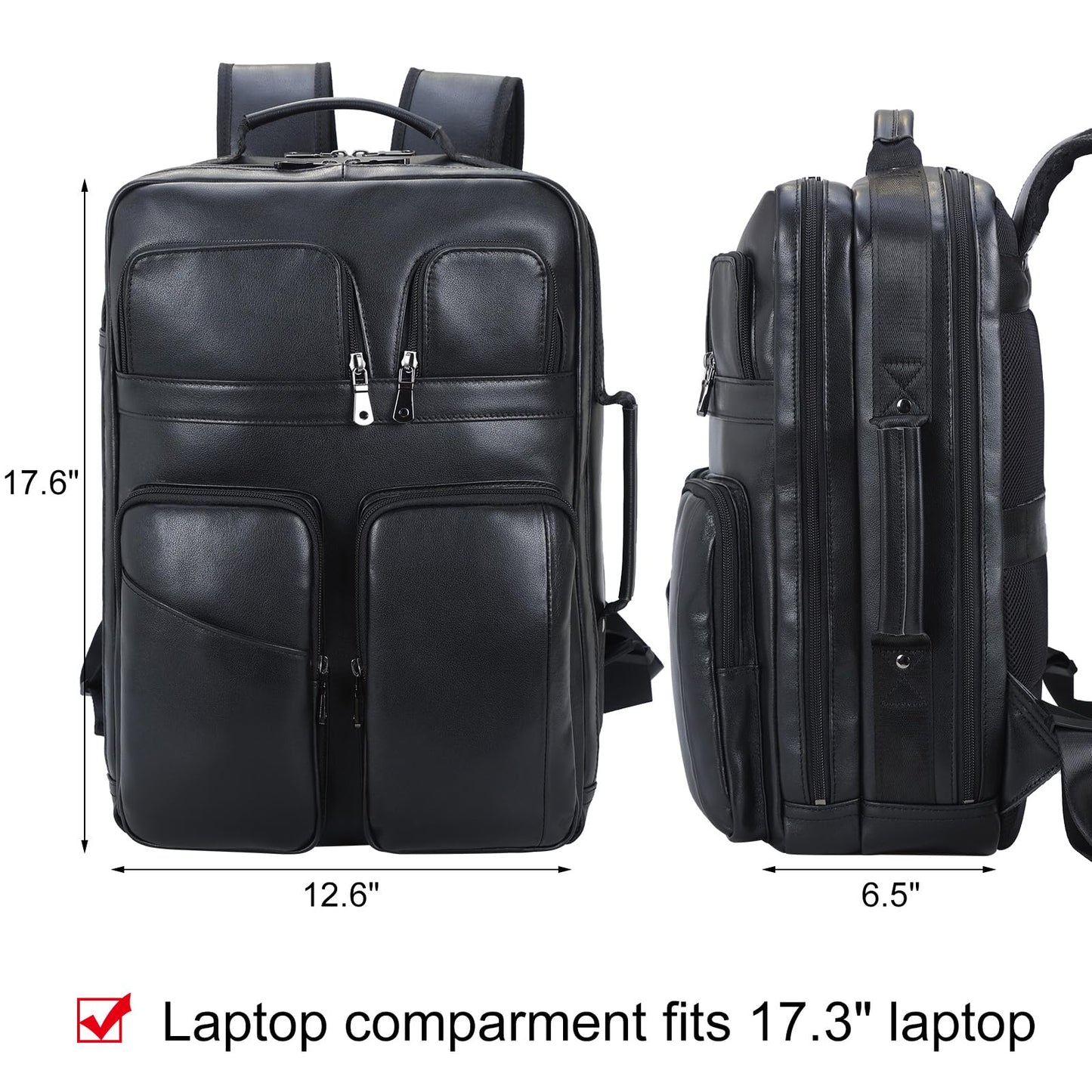 TIDING 17.3" Leather Laptop Backpack for Men Multi Pockets Casual Daypack Business Travel Rucksack, Black