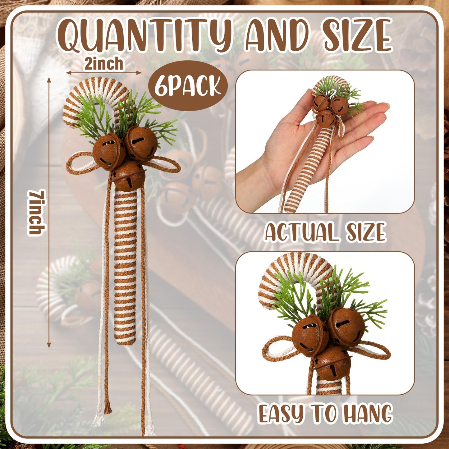 Simgoing 6 Pcs Beige Rustic Christmas Candy Cane Ornaments 7 Inch Burlap Wrapped Farmhouse Candy Cane Christmas Tree Hanging Decoration with Bells for Home Xmas Crafts Party Decoration