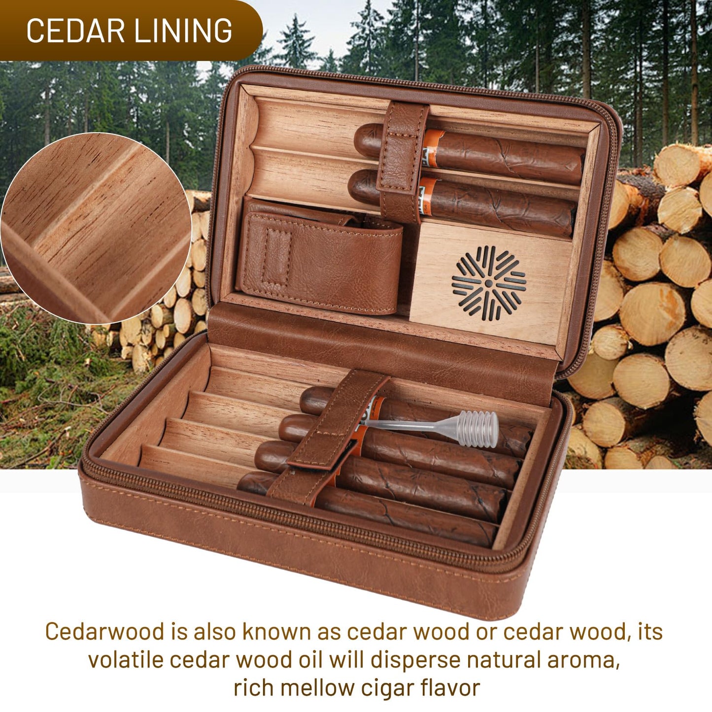 Holds 6 -Cigar Portable Brown Leather Cigar Case with Spanish Cedar Wood Interior and Card Storage Travel Cigar Humidor with Cutter ，Humidifier， Perfect for Business Trips Birthday Gifts Father's Day