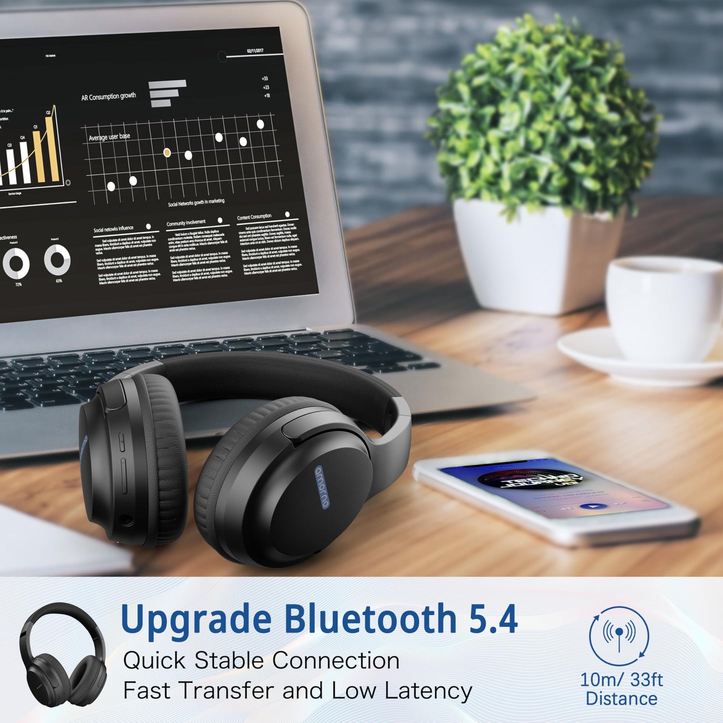 AMORNO Bluetooth Headphones Over Ear, 68 Hours Playtime Wireless Headphones with Mic, Foldable Adjustable Lightweight HiFi Stereo Headset for Cellphone/PC/Work/Travel/Home/Office (Black)