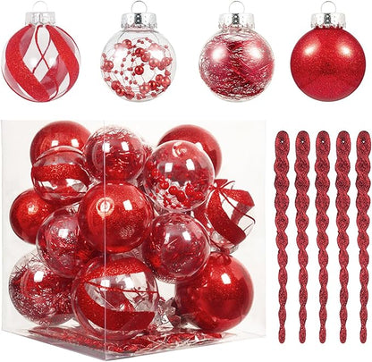 XmasExp 32ct Christmas Ball Ornaments Set -Red Clear Plastic Shatterproof Xmas Tree Ball Decorations Hanging Baubles for Holiday Decor