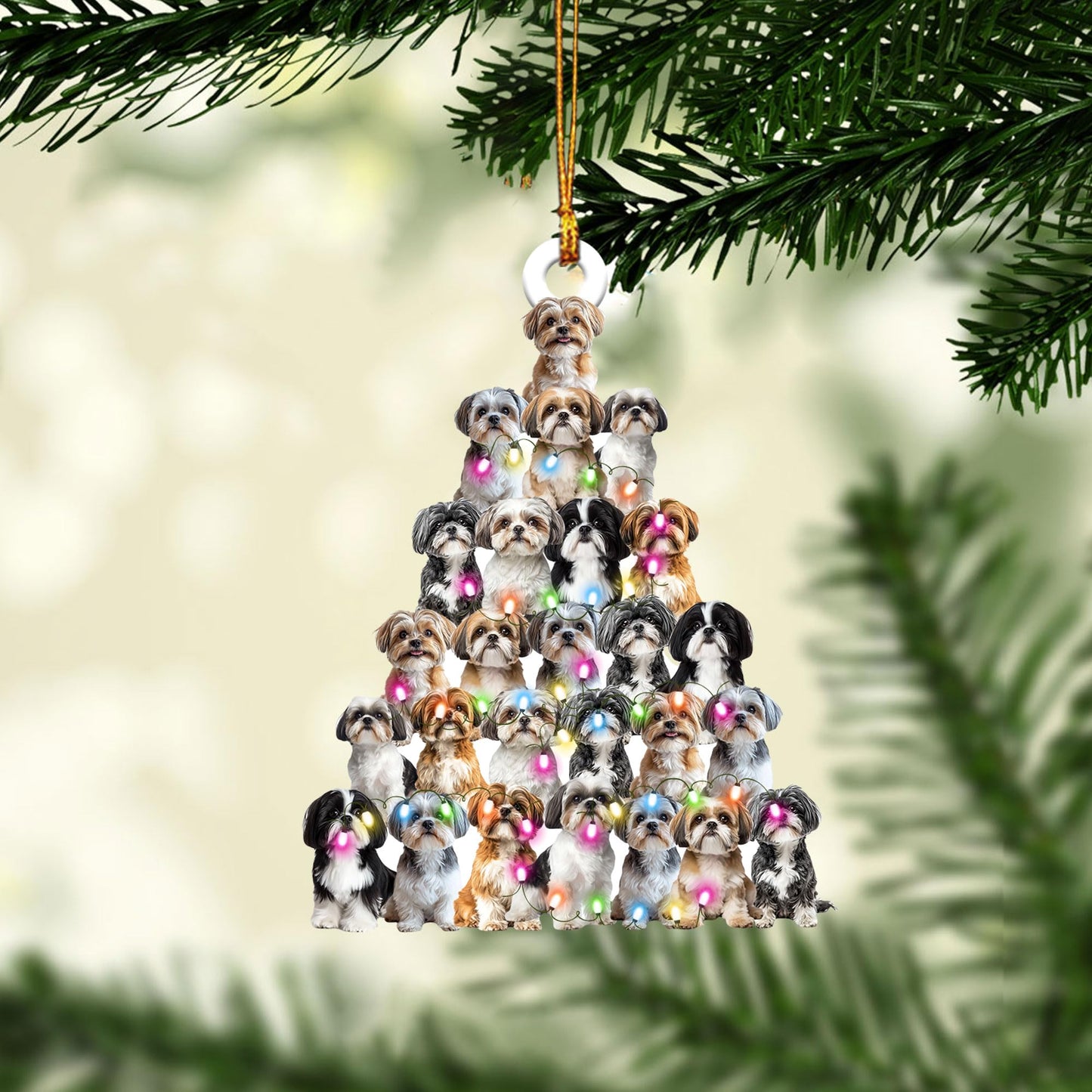 Talataca Lovely Shih Tzu Christmas Pine Tree Shape with String Light 2D Flat Car Rear View Mirror Accessories Christmas Tree Ornament Decoration Hanging Charm Interior Rearview Pendant Decor Gift