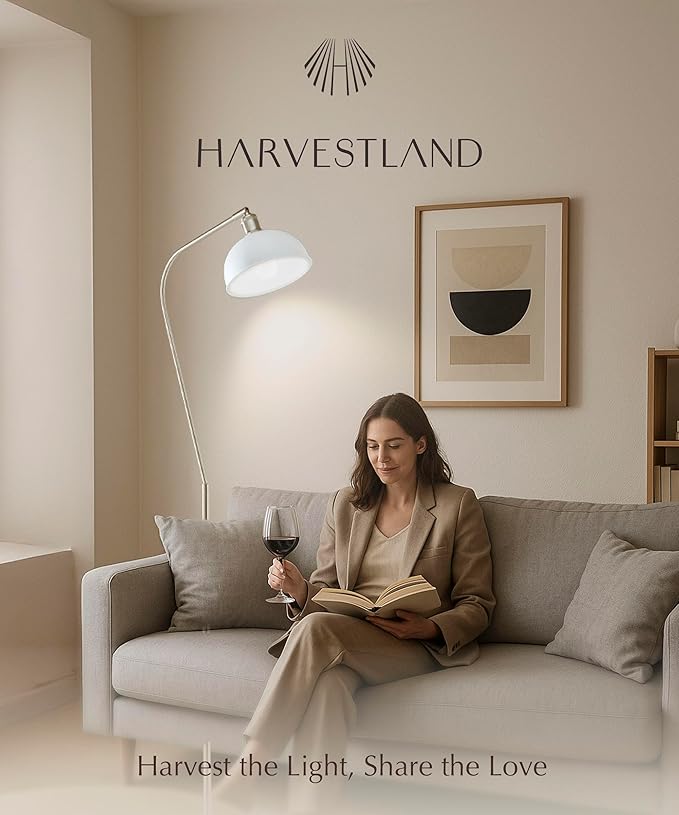HarvestLand Halo Brass Floor Reading Lamp – Adjustable Pharmacy Floor Lamp with Solid Base, Reading Lamps Floor Standing, White Floor Lamp for Living Room or Over Chair Use, Bedroom, Antique Décor