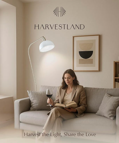 HarvestLand Halo Brass Floor Reading Lamp – Adjustable Pharmacy Floor Lamp with Solid Base, Reading Lamps Floor Standing, White Floor Lamp for Living Room or Over Chair Use, Bedroom, Antique Décor