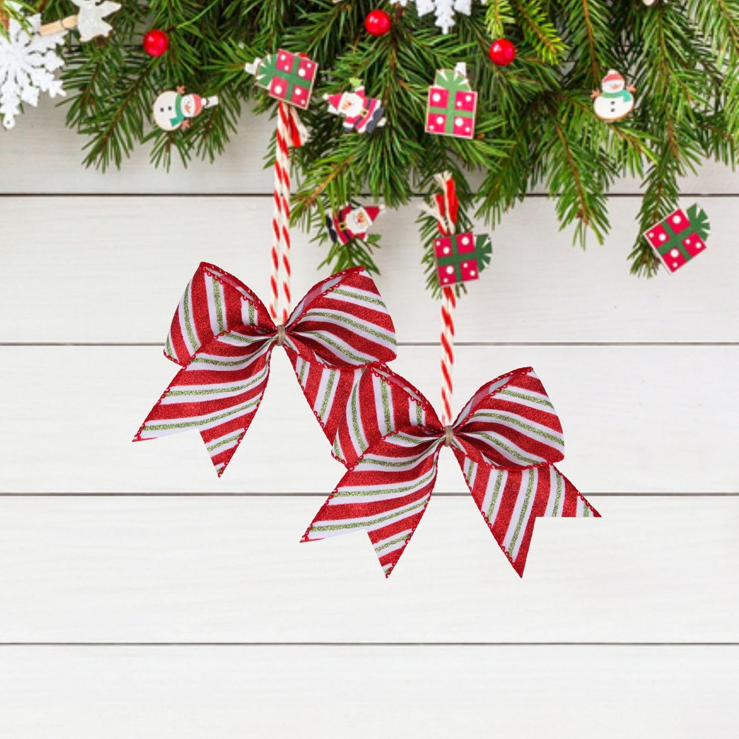Meseey 12 Pcs Christmas Candy Cane Bows 6 Inch Red and Green Glitter Stripe Lollipop Peppermint Hanging Christmas Wreath Bow for Xmas Door Garland DIY Candy Themed Party Supplies(Red Stripe)