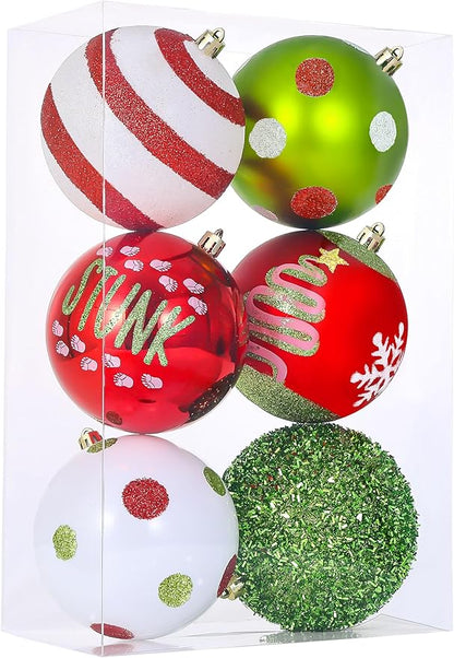6Pcs Large Christmas Ball Ornaments 4" Lime Green Red and White Xmas Tree Decorations Set Shatterproof Plastic Ornaments for Tree, Hanging Décor for Office Holiday Home Indoor&Outdoor