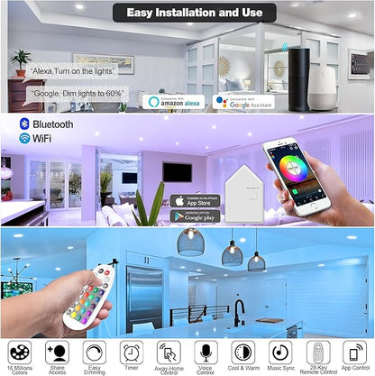 Smart Can Light 6 Inch, WiFi & Bluetooth LED Downlight 6Pack, Multicolorred, Dimmeble, 2700K-6500K CCT Selectable, RGBCW Remote LED Recessed Lighting Compatible with Alexa Google Home