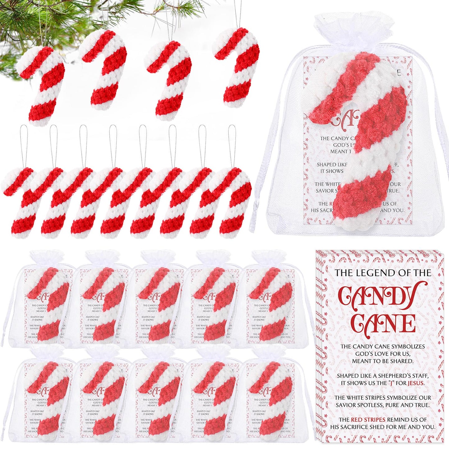 Hollowfly 24 Sets Christmas Crochet Candy Cane Ornaments Bulk Christmas Appreciation Gifts Handmade Crochet Doll Pendant with The Legend of The Candy Cane Cards for Coworker Employee Teacher Office