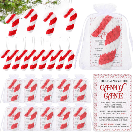 Hollowfly 24 Sets Christmas Crochet Candy Cane Ornaments Bulk Christmas Appreciation Gifts Handmade Crochet Doll Pendant with The Legend of The Candy Cane Cards for Coworker Employee Teacher Office