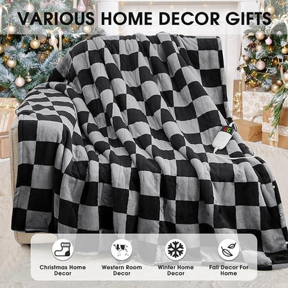 Heated Electric Blanketc Throw, 50X60 Heating Blanket with 10 Heat Level & 8 Hours Auto Off for Lap, Black Gray Checkered Plaid Soft Sherpa Blankets Warmer Gifts for Couch Grandma Women Adults