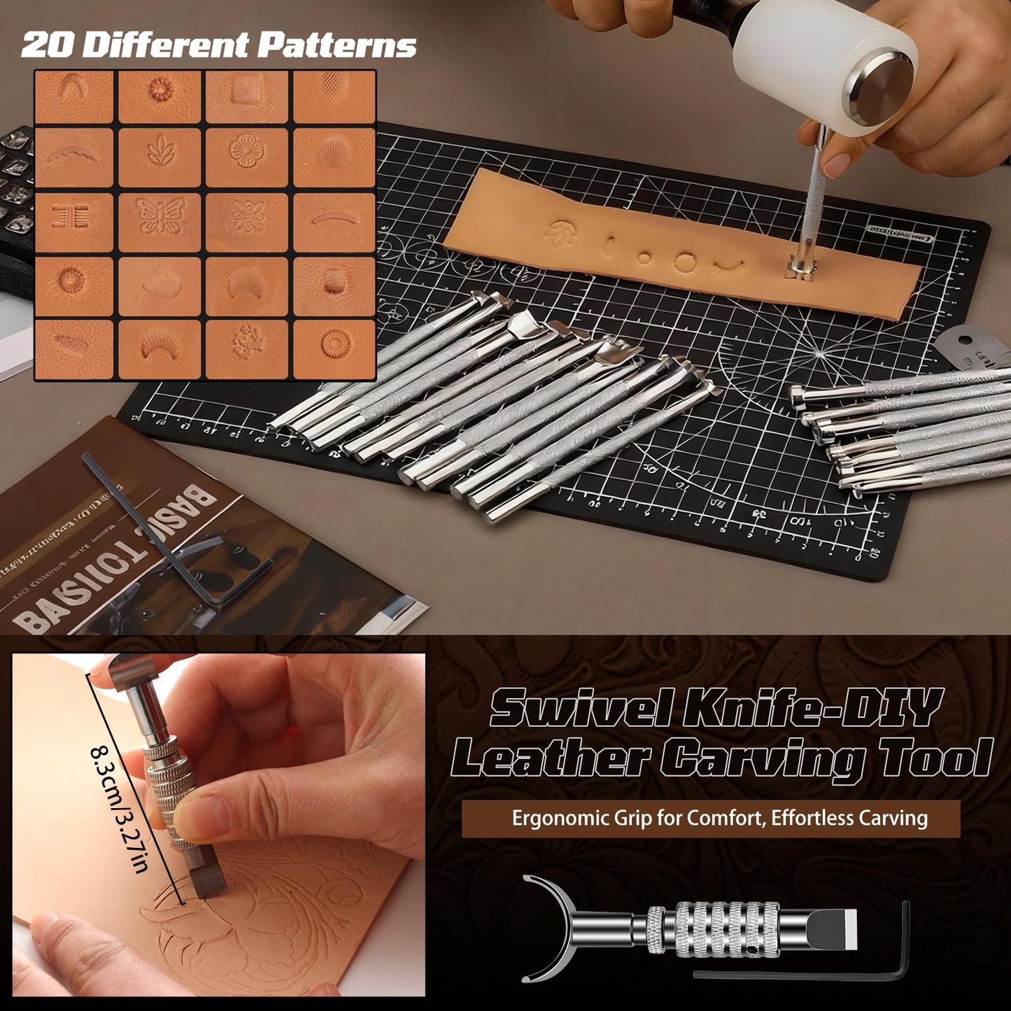 CBHGFEA Leather Working Kit, Leather Working Tools and Crafting Kit with Custom Storage Bag, Engraving, Cutting, Sewing, Stamping, Sanding Supplies for DIY Handicraft Making and Repair