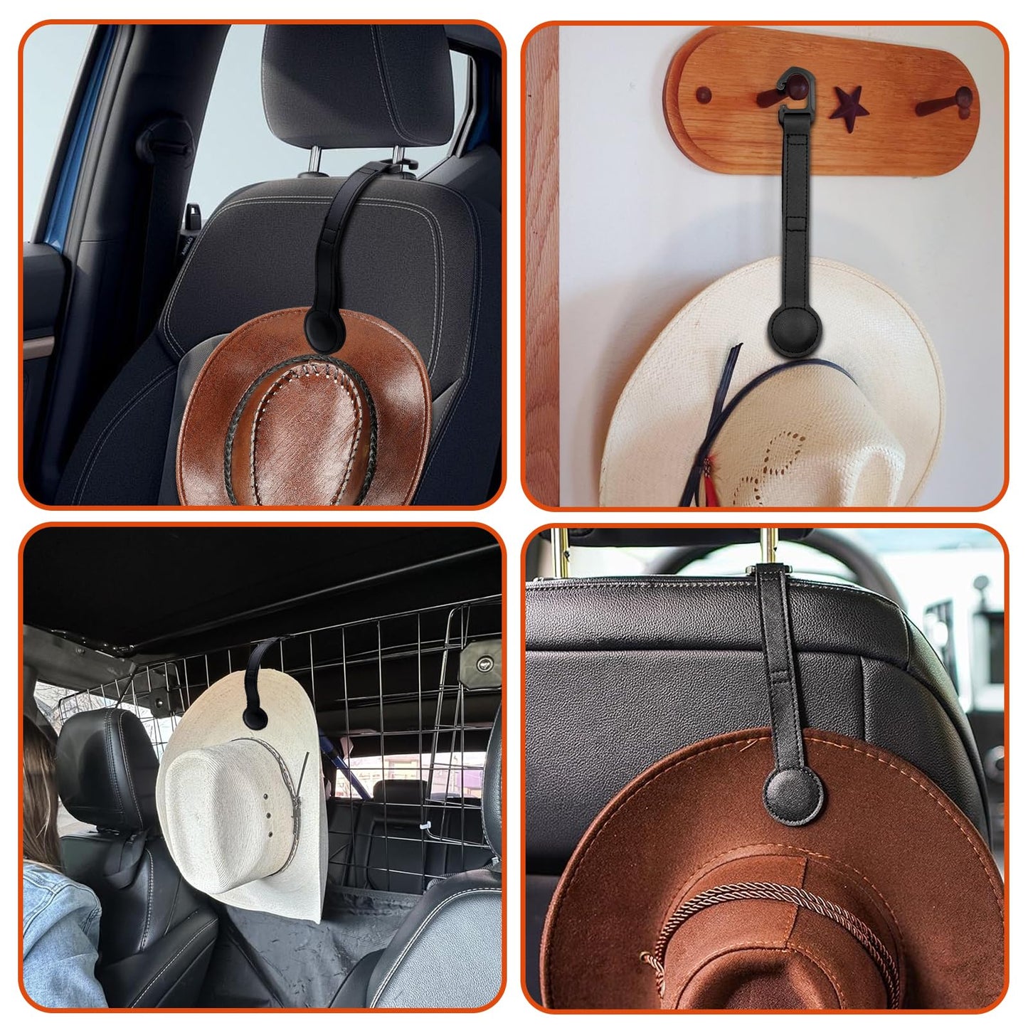 2 Pack Cowboy Hat Holder for Truck, Leather Magnetic Cap Clip, Truck Car Seat Hat Organizer Accessories for Men and Women, Suitable for Car, SUV, Pickup Seat Back Headrest Hat Clip Storage (Black)